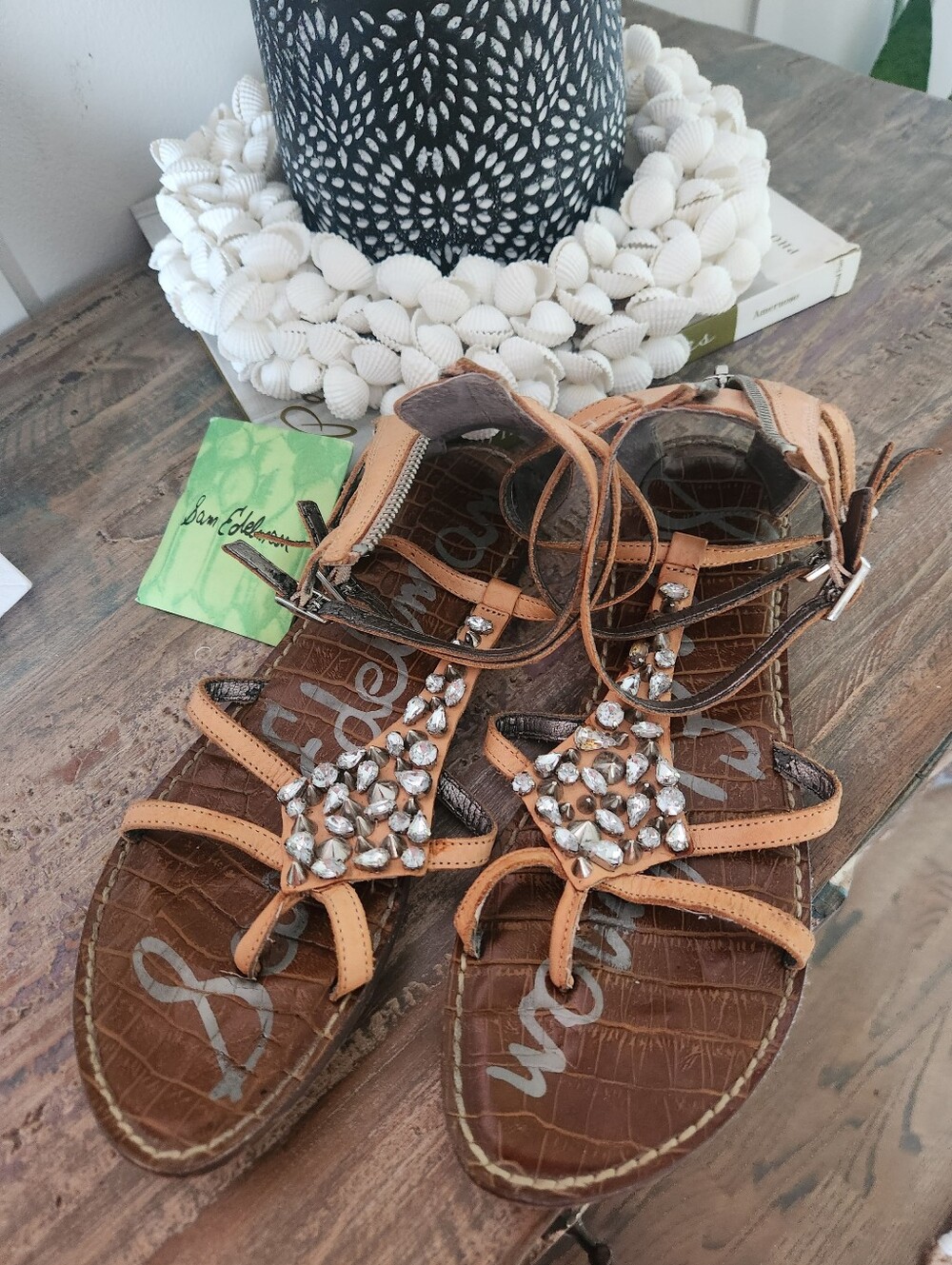 Sam Edelman Tan Leather Jeweled Gladiator Sandals